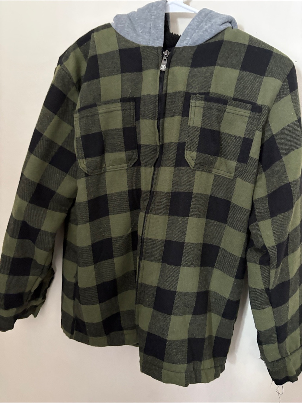 Kids Olive & Black Plaid Hooded Puffer Jacket